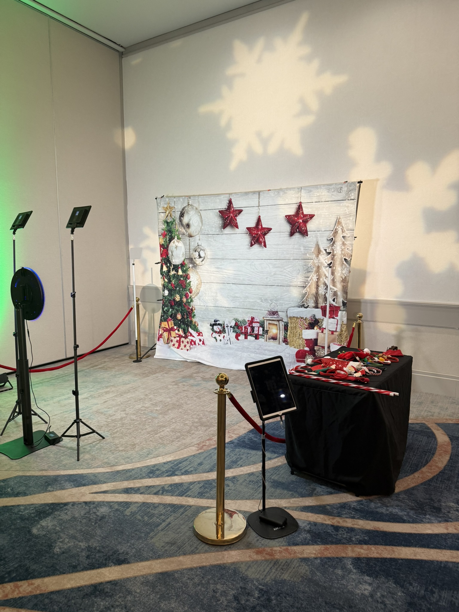 Christmas photo booth setup with holiday backdrop at Westin La Paloma hotel ballroom, Tucson AZ